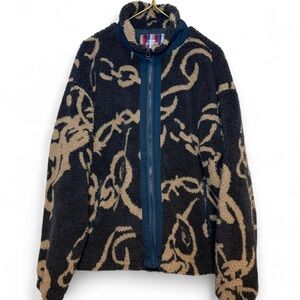 Urban Outfitters Men’s Blue Tan Faux Fur Flaming Skull Zip Up Jacket